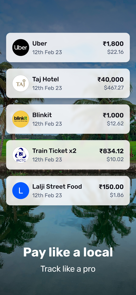 Mony - UPI for Tourists & NRIs - Mony app screen displaying a list of recent travel transactions in India with currency conversion from Rupees to US Dollars