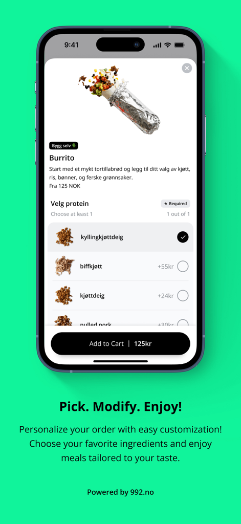 Cactus Taco - Cactus Tacoアプリの画面には、ブリトーのカスタマイズとタンパク質の選択が表示されています