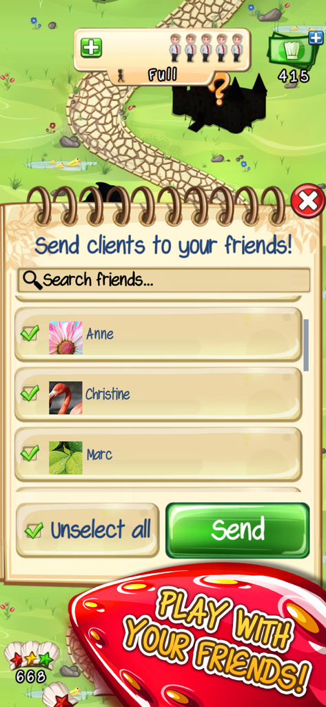 Tasty Tale - Tasty Tale game interface showing a menu to send clients to friends with a list of contacts and a send button.