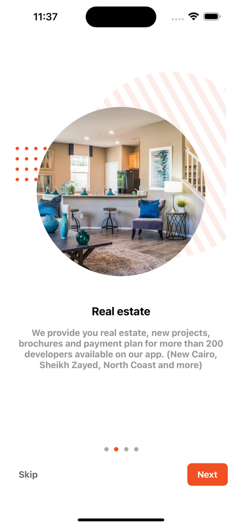 Renzo - 렌조 앱 부동산 온보딩 화면. 현대적인 거실 인테리어와 프로젝트 설명이 특징입니다.