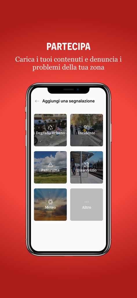 GenovaToday - Benutzeroberfläche der GenovaToday App für Benutzer, um lokale Probleme im Viertel wie städtischen Verfall oder Unfälle zu melden