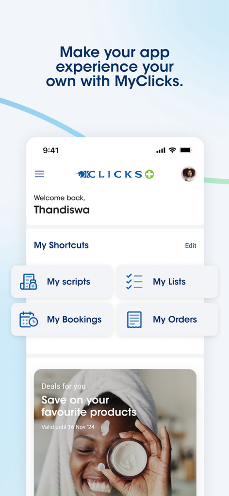 処方箋の予約やショッピングのお得情報へのショートカットを示すClicksアプリのパーソナライズされたホーム画面