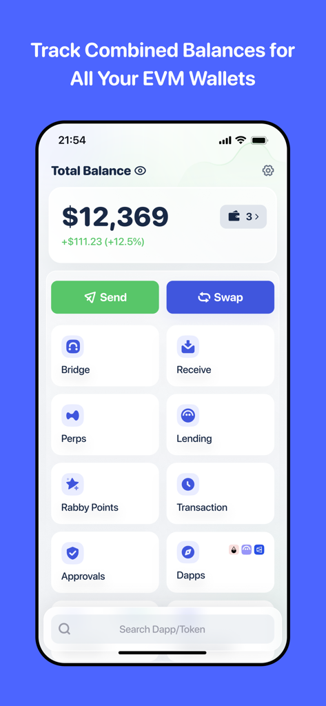 Rabby Wallet mobile app interface showing a combined crypto portfolio balance and DeFi features