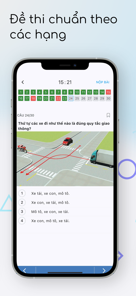 Ôn thi GPLX 2025 - A practice test question for the Vietnamese driving license exam showing a traffic intersection scenario.