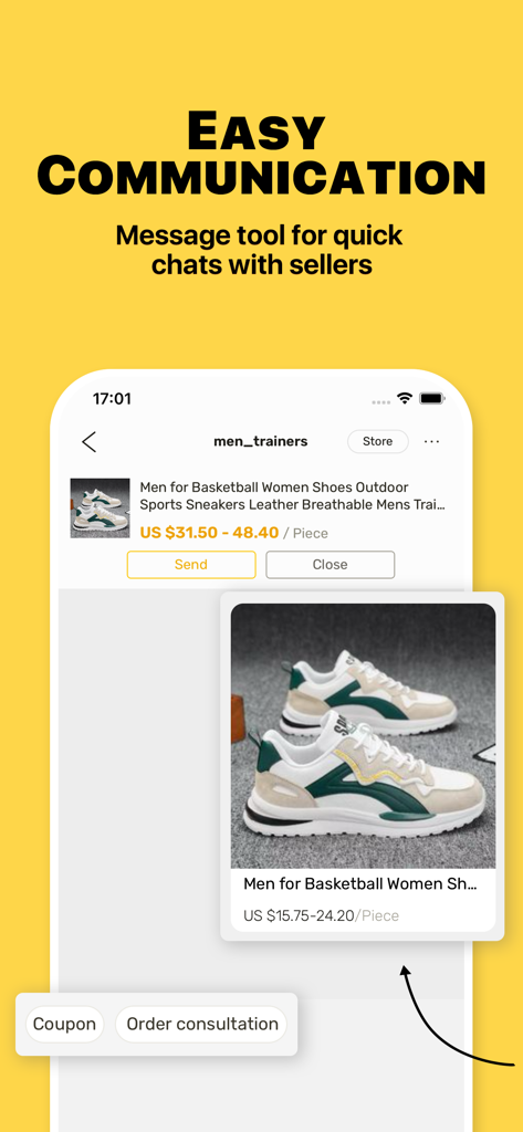 L'interface de l'application mobile DHgate présente un outil de communication simple permettant de discuter avec les vendeurs au sujet des commandes de produits.