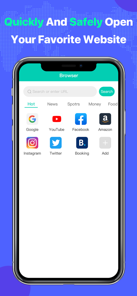 Storm Vpn-Best VPN proxy - A screenshot of the Storm VPN app showing a built-in browser with shortcuts to popular sites like Google, YouTube, and Facebook.