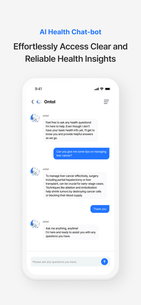 Ontol - Interface of Ontol app featuring an AI health chatbot providing clear medical insights and answers about liver cancer management