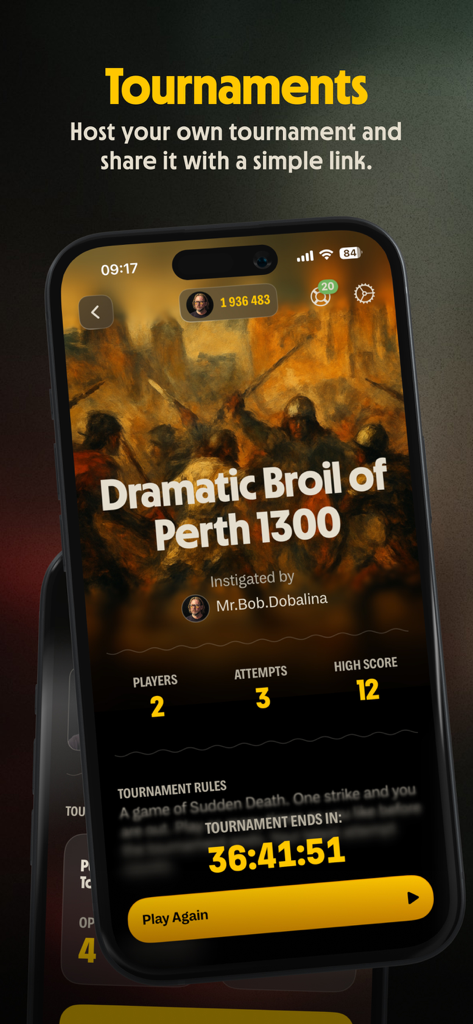 History Trivia Game: Krono - A screenshot of the Krono app showing a tournament interface for a historical trivia challenge with player stats and a countdown timer