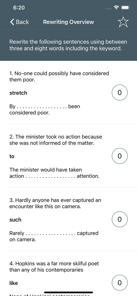 Cambridge Proficiency C2 Prep - Cambridge Proficiency C2 Prep app screen showing sentence transformation and rewriting exercises for exam practice