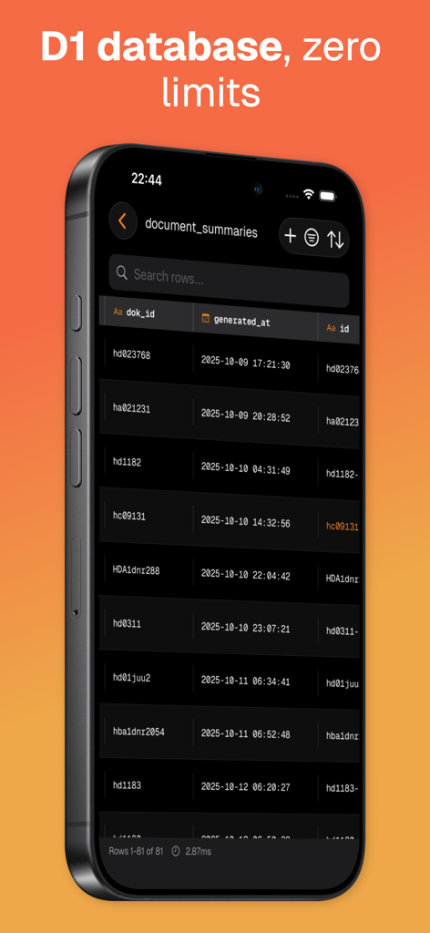 Clouder for Cloudflare - Cloudflare用Clouderアプリで、Cloudflare D1データベースの行管理を表示するiPhoneスクリーンショット。