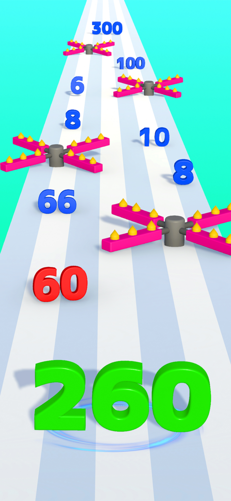 Number Run Merge Puzzle - 큰 녹색 숫자가 회전하는 장애물이 있는 트랙에서 수집 가능한 숫자를 통과하는 3D 모바일 게임 화면.