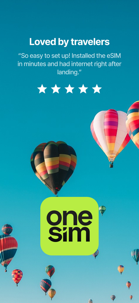 One Sim - Reseña de usuario de la aplicación One Sim con cinco estrellas y fondo de globos aerostáticos