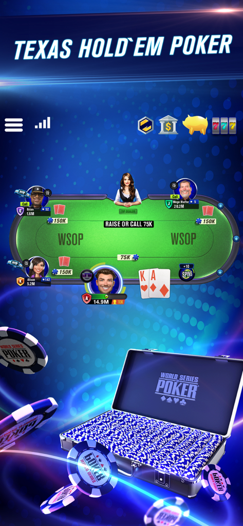 Schermata di gioco di WSOP Poker che mostra un tavolo Texas Holdem e una custodia di gettoni da poker