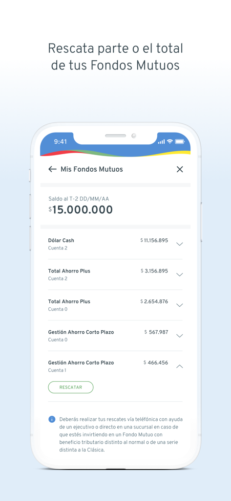 Interfaz móvil de la aplicación bancaria Bci mostrando saldos de inversión en fondos mutuos y una opción de rescate.