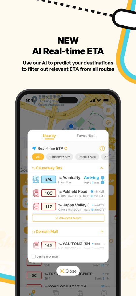 Schermata dell'app mobile Pokeguide che mostra gli orari di arrivo dei trasporti in tempo reale e le funzioni IA