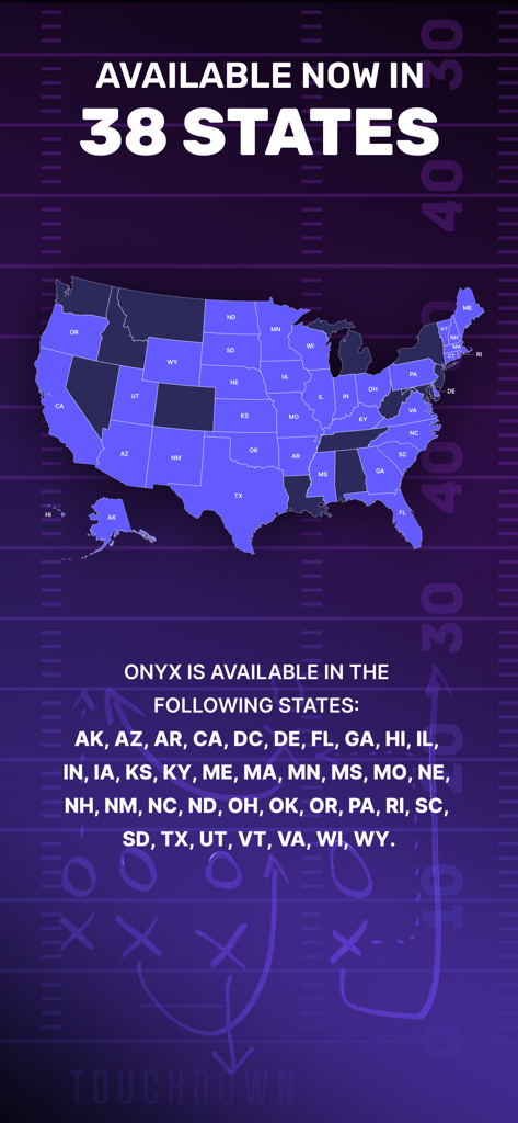 Onyx Odds - Onyx Oddsが利用可能な38州をハイライトするアメリカ合衆国の地図