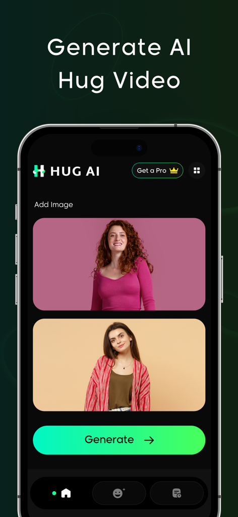 AI Hug Video Generator - HugAI - Mobile app interface for generating AI hug videos by merging two photos