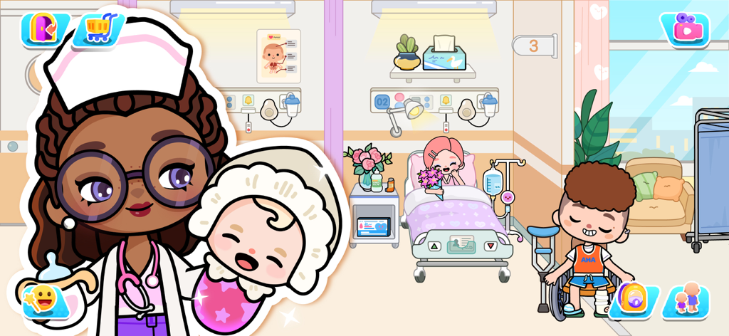 Aha World: Avatar & Family Fun - A doctor character holding a baby in a hospital room with other characters and medical equipment in Aha World.