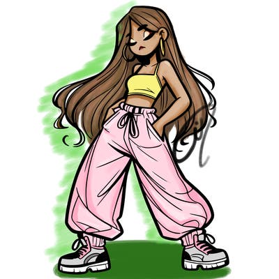 girl in baggy pants crop top and long hair