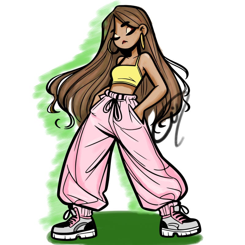 girl in baggy pants crop top and long hair