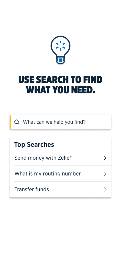 USAA Mobile app search interface displaying common banking tasks and a search bar