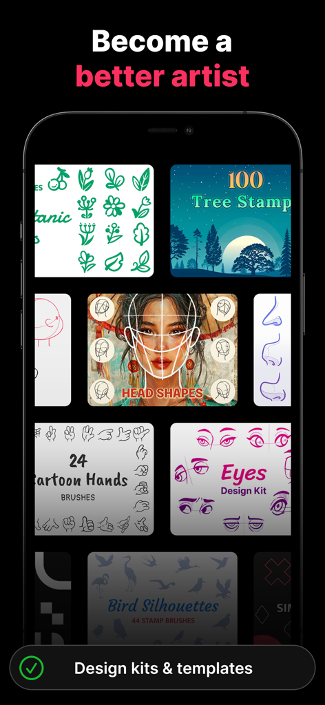 Artist Brushes for Procreate - Uma galeria de templates de arte digital e pincéis de carimbo, incluindo designs botânicos, guias anatômicos para cabeças e olhos e silhuetas de pássaros