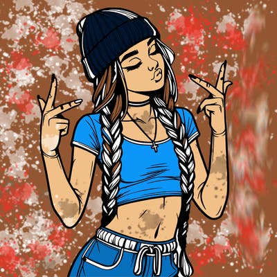 realistic teenage girl with braids and a beanie and crop top doing 🫶🏼