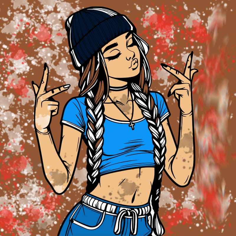 realistic teenage girl with braids and a beanie and crop top doing 🫶🏼