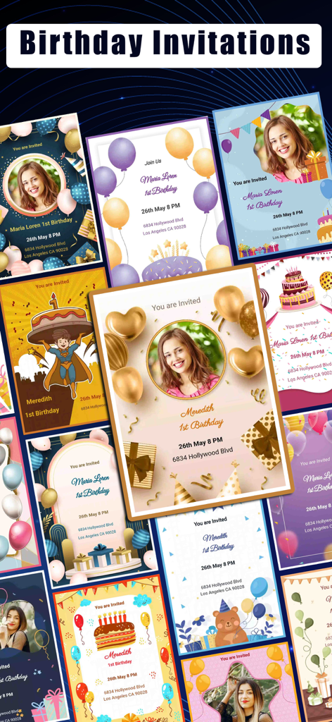 Invitation Maker: Card Design - Une collection de divers modèles d'invitations d'anniversaire avec des ballons, des super-héros et des mises en page photo.
