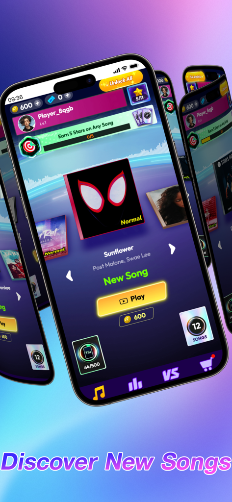 Music discovery screen in Rhythm Rush 2 featuring popular songs like Sunflower by Post Malone
