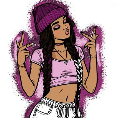 realistic teenage girl with braids and a beanie and crop top doing 🫶🏼