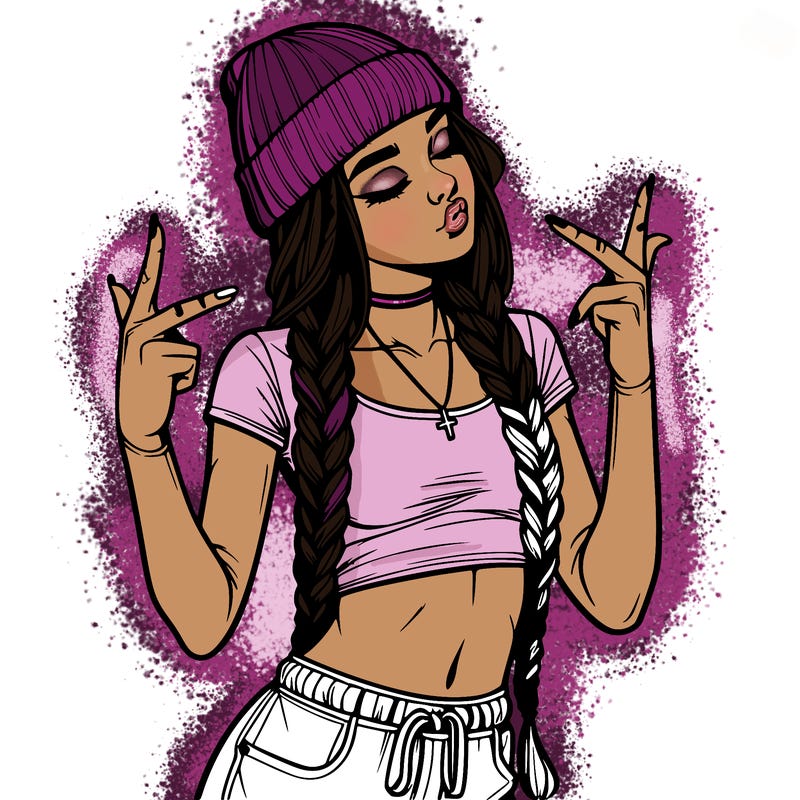 realistic teenage girl with braids and a beanie and crop top doing 🫶🏼