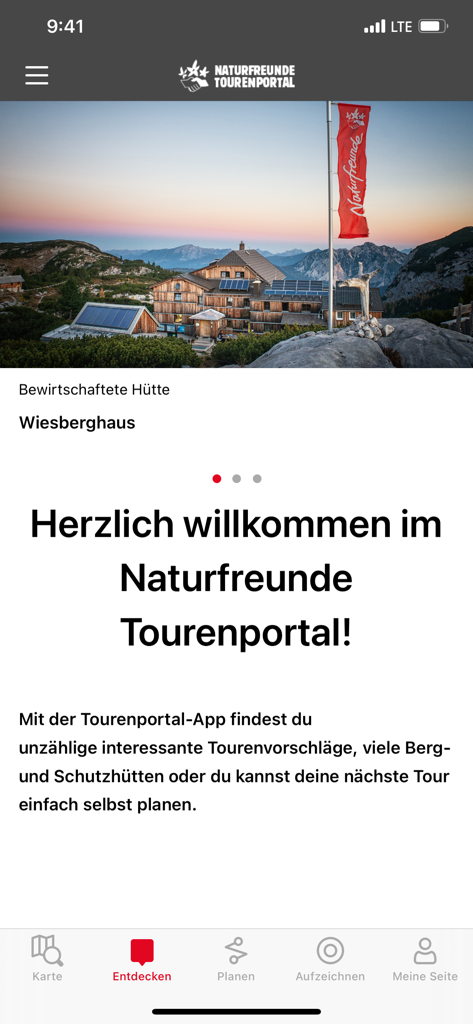 Naturfreunde app welcome screen featuring the Wiesberghaus mountain hut