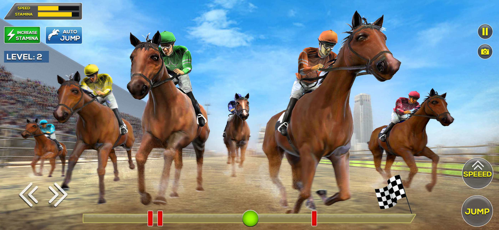 Jinetes compitiendo en una simulación realista de carreras de caballos en una pista de tierra