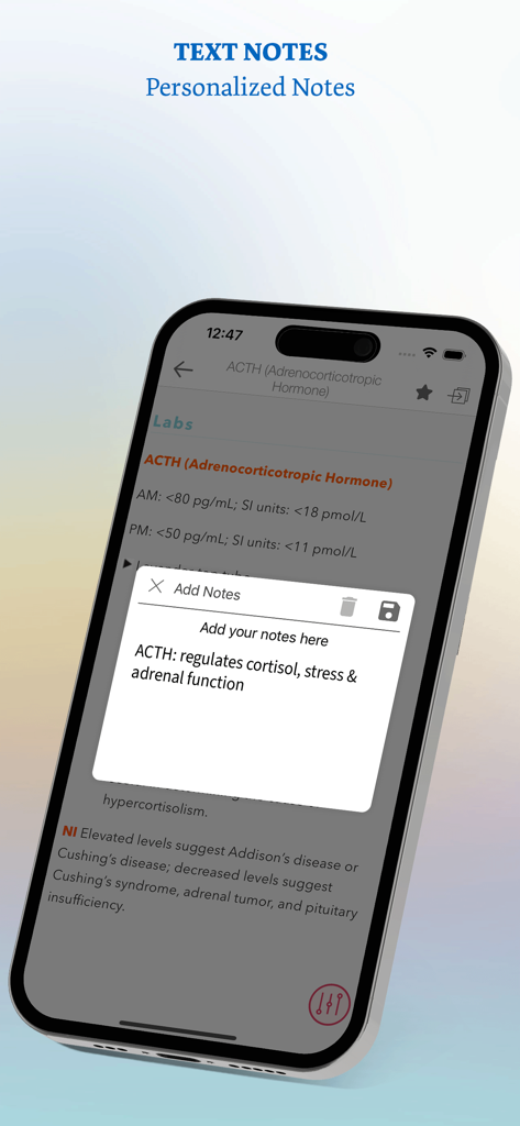 Lab Notes & Diagnostic Tests - Interface showing the personalized text notes feature on a medical lab test screen