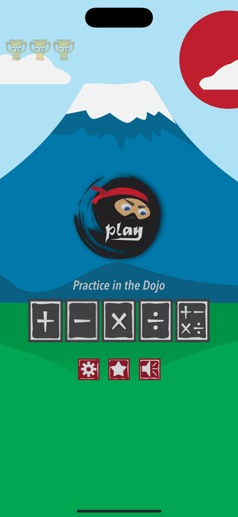 Math Facts Ninja - Math Games - Home screen of the Math Facts Ninja app featuring a play button and icons for addition subtraction multiplication and division practice