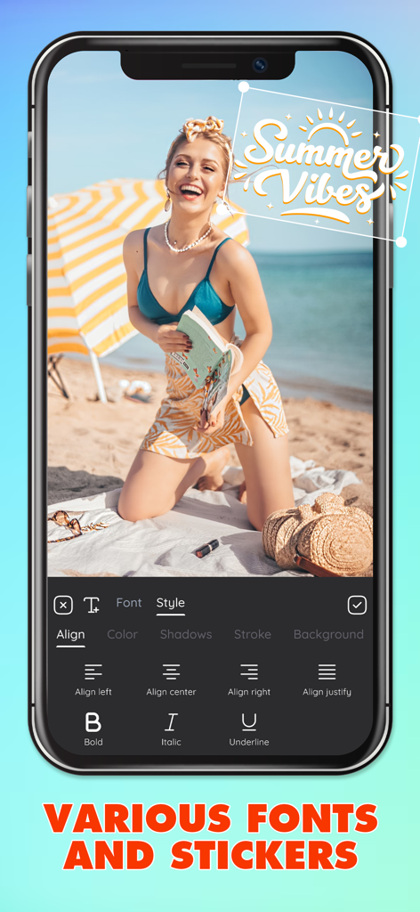ビーチの写真に「Summer Vibes」のタイポグラフィとテキスト配置ツールが追加されたモバイルアプリインターフェース。