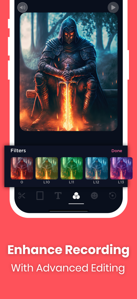 Screen Recorder & Record Video - A mobile interface showing advanced video filters being applied to a gaming screen recording