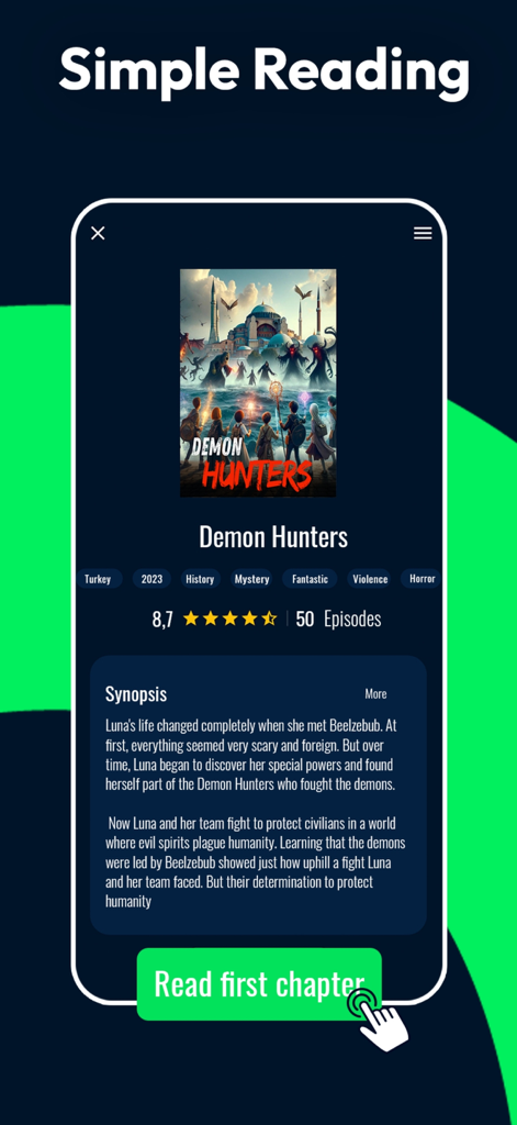clickia - Clickia app interface showing the Demon Hunters story synopsis and read first chapter button
