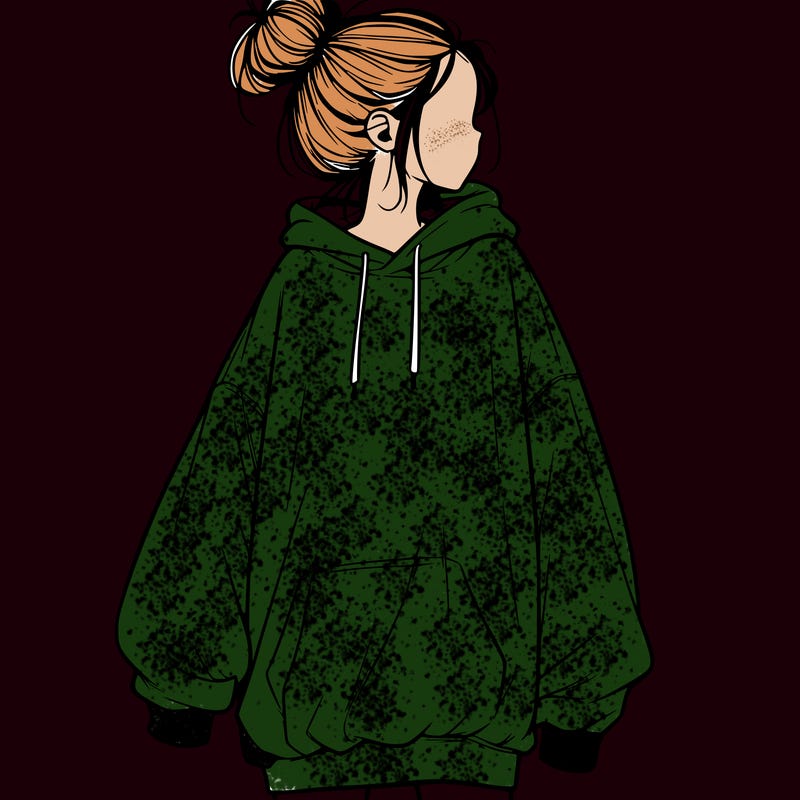 realistic girl with a oversized sweatshirt on and a bun