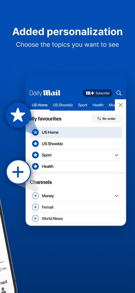 좋아하는 뉴스 주제를 선택하기 위한 데일리 메일 앱 개인화 화면