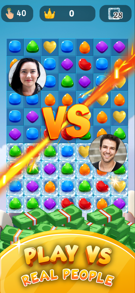 Sugar Cash Match3 Money Prizes - Um tabuleiro de jogo de combinar 3 exibindo um modo versus entre dois jogadores com pilhas de dinheiro na parte inferior.