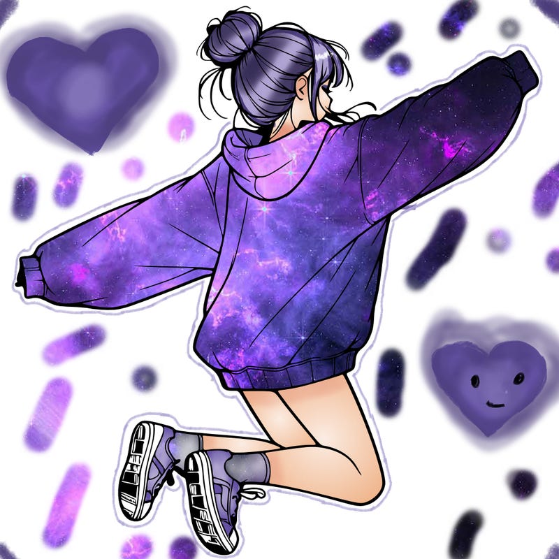 realistic girl jumping with a bun and oversized sweatshirt