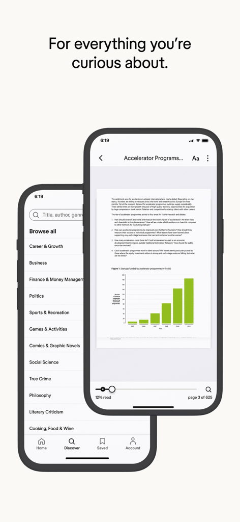 Scribd: 170M+ documents - Interfaz de la aplicación móvil Scribd que muestra una lista de categorías de documentos y un artículo de investigación con un gráfico