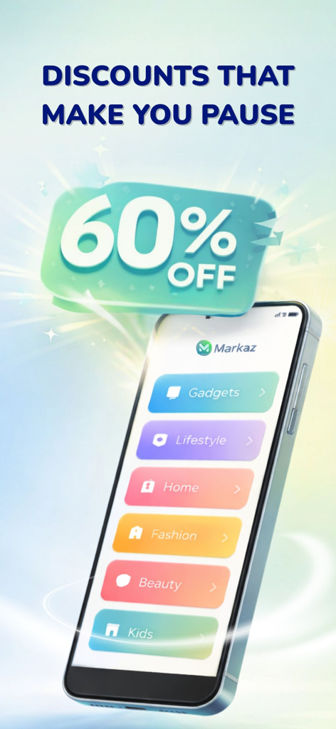 Markaz: Online Shopping & Earn - Markaz 앱 제품 카테고리(패션, 뷰티 등)와 60% 할인 배너가 표시된 스마트폰