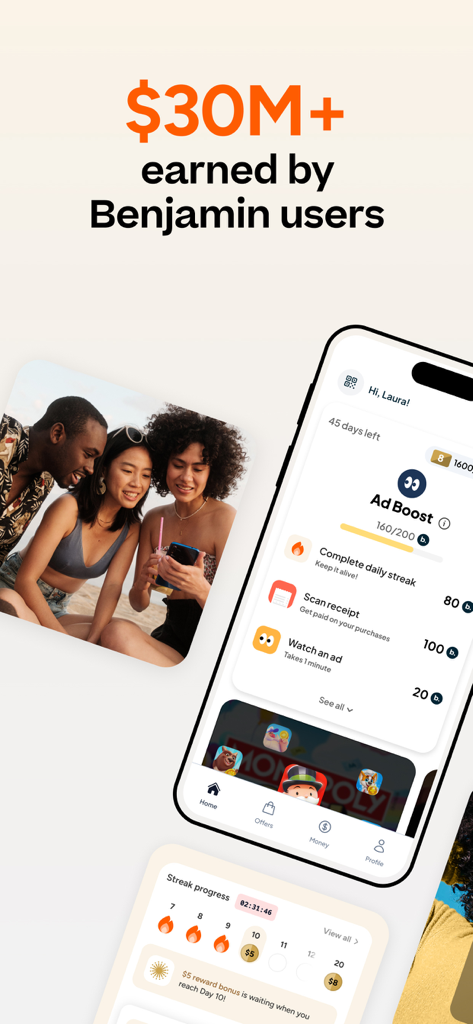 Benjamin - Earn Money Moments - Benjamin app screen displaying thirty million dollars in user earnings and daily tasks to get rewards