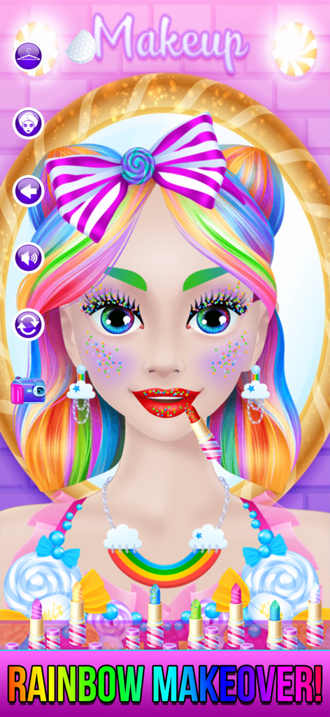 Rainbow Unicorn Candy Salon - Ein Mädchen mit Regenbogenhaar und buntem Make-up erhält eine Süßigkeiten-Themen-Verwandlung