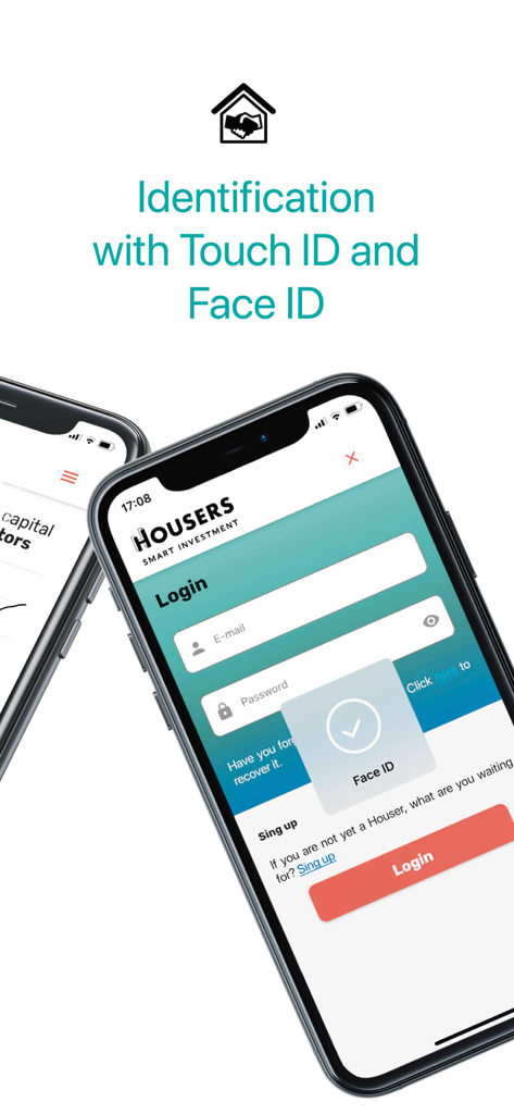 Housers mobile app login screen featuring Face ID biometric authentication