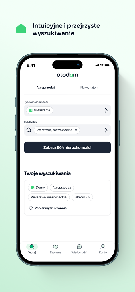 Search screen of the Otodom app showing real estate filters for apartments in Warsaw Poland.