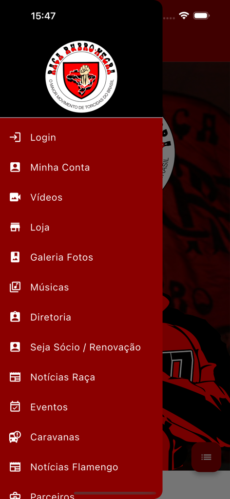 Menu di navigazione laterale dell'app mobile Raca Rubro-Negra che mostra le opzioni per negozio, notizie, video e rinnovo iscrizione